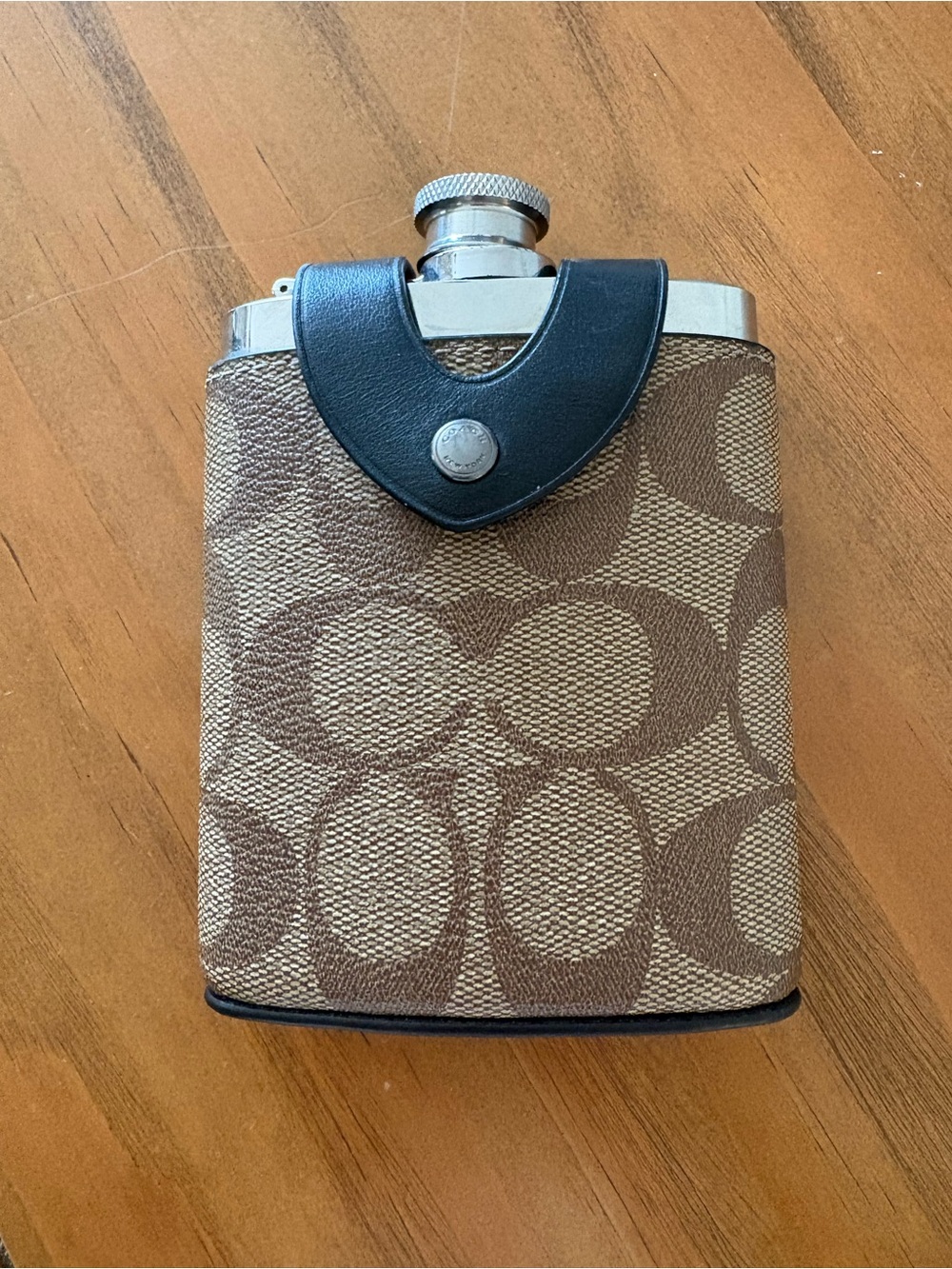 Coach Signature Canvas Hip Flask with Black Leather Accent - Brown/Tan